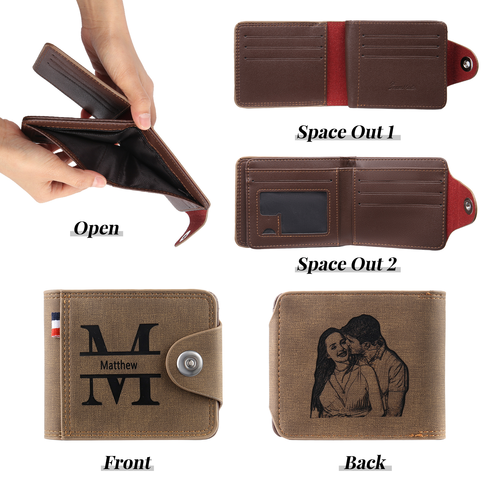 Personalized Name Leather Men's Wallet With Card Slot Engraved Letter & Photo with Gift Box Gift For Him | Jessemade