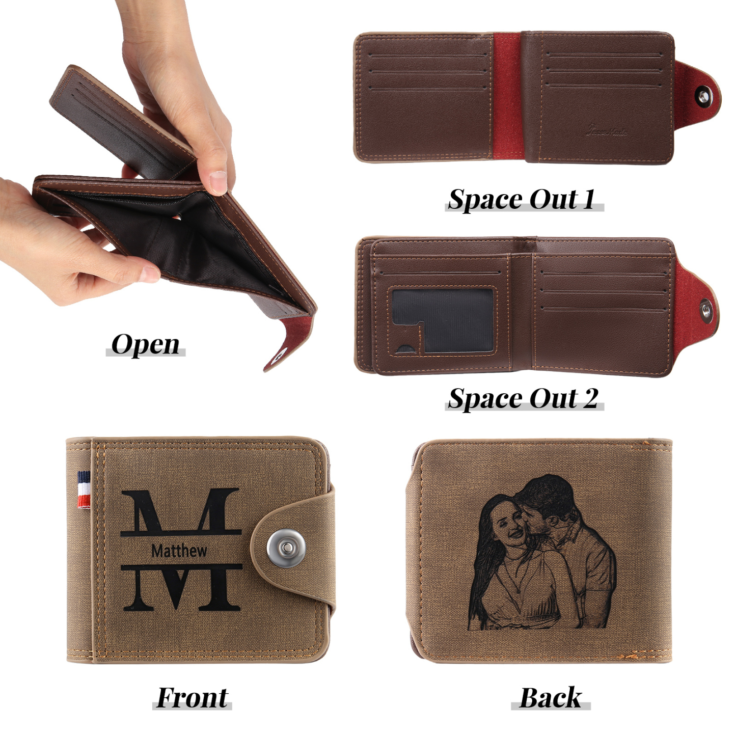 Personalized Name Leather Men's Wallet With Card Slot Engraved Letter & Photo with Gift Box Gift For Him | Jessemade