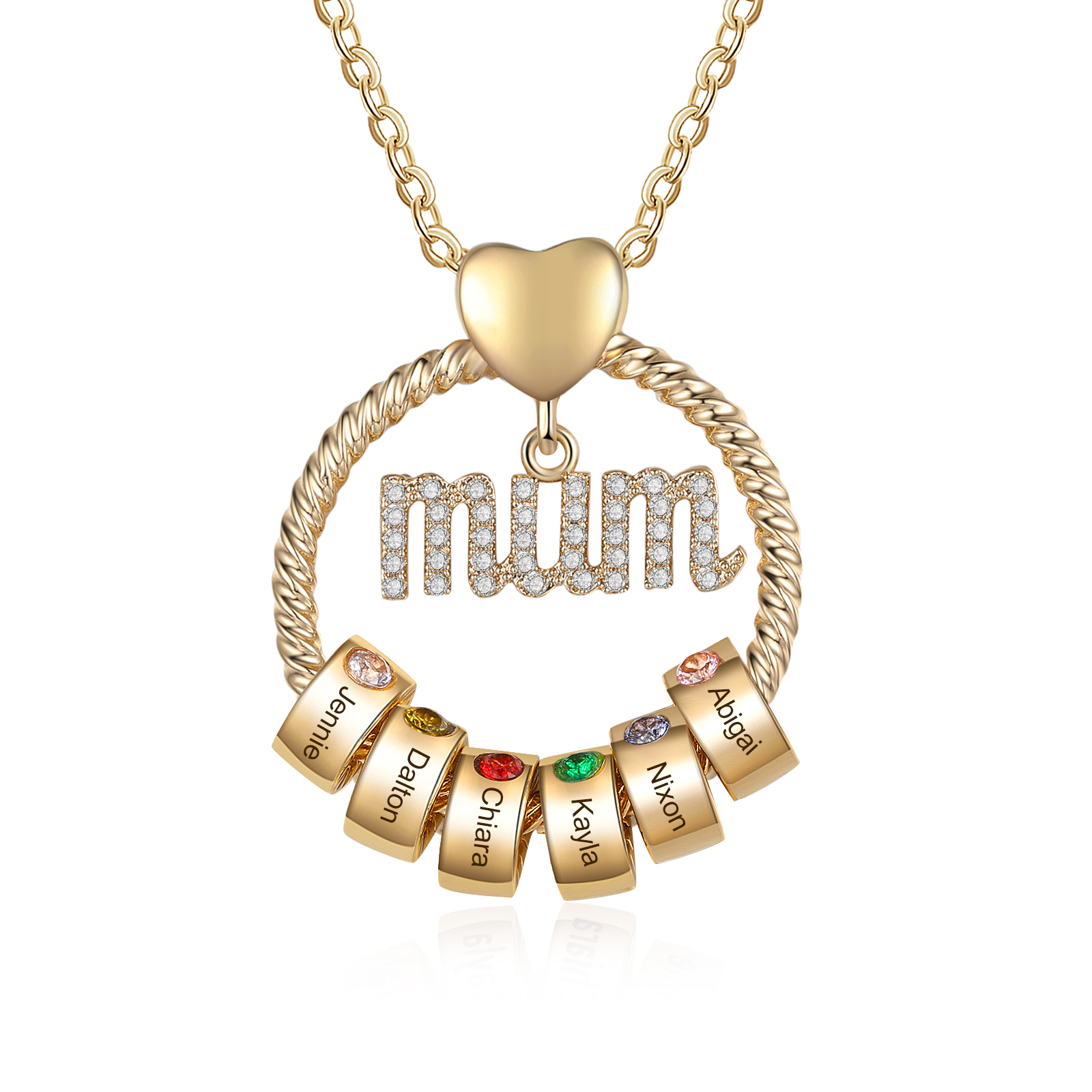 Personalized Circle Necklace With 6 Birthstones Pendant Engraved Names Gift For Mum