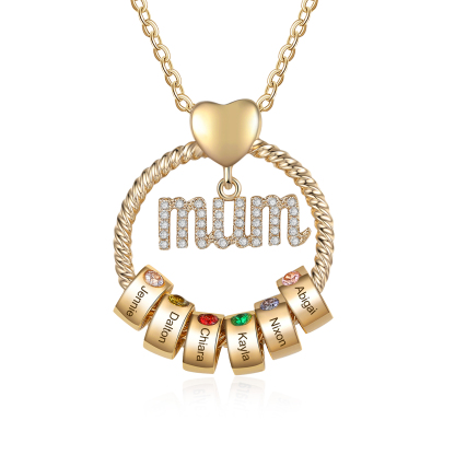 Personalized Circle Necklace With 6 Birthstones Pendant Engraved Names Gift For Mum