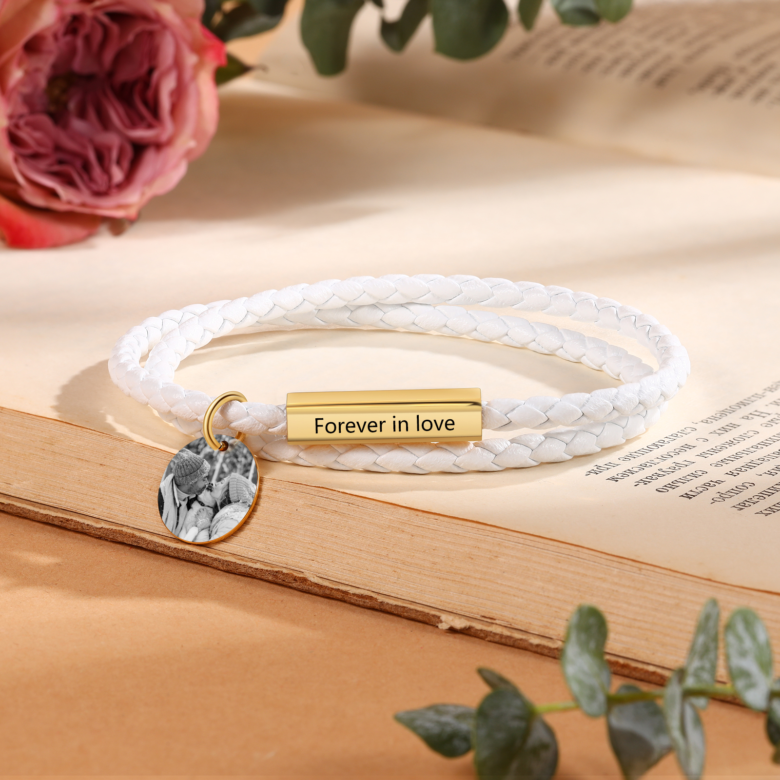 Personalized Text Leather Bracelet Custom Photo EngravedStainless Steel Bracelet Personalized Gift for Him/Her