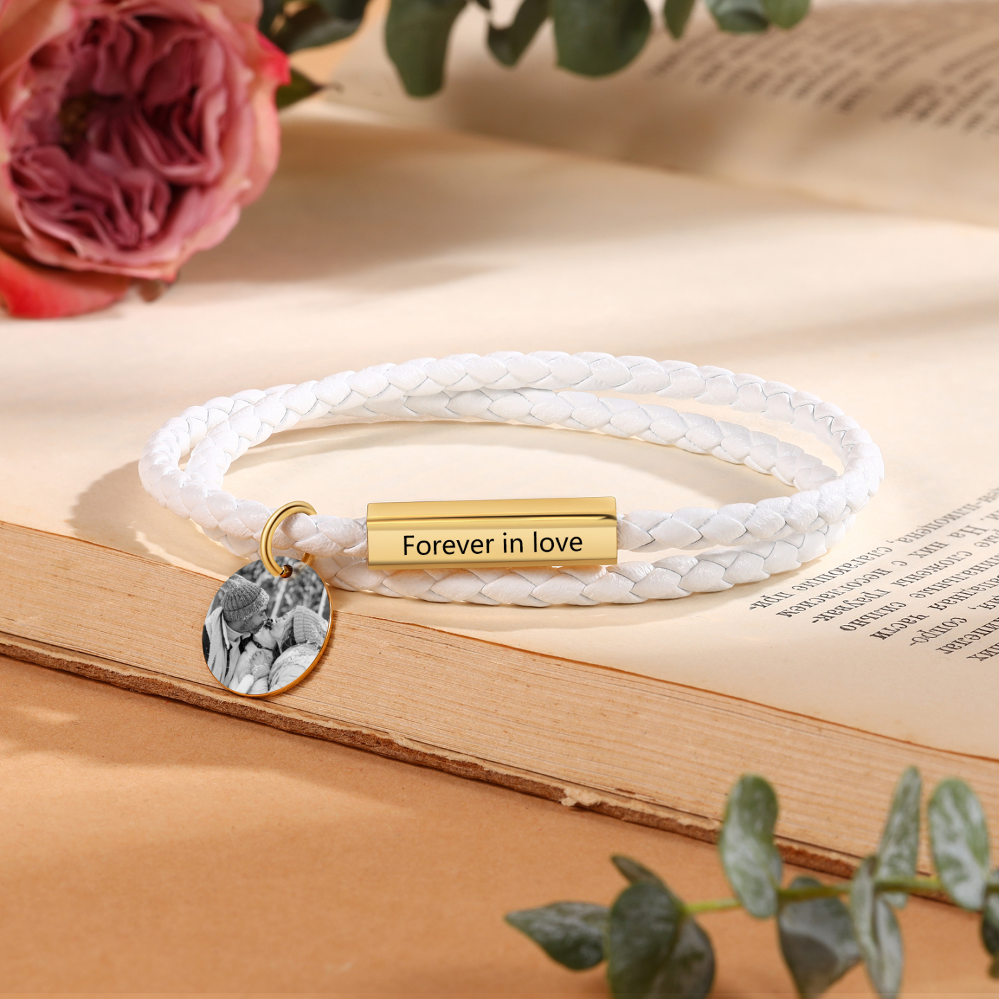 Personalized Text Leather Bracelet Custom Photo EngravedStainless Steel Bracelet Personalized Gift for Him/Her