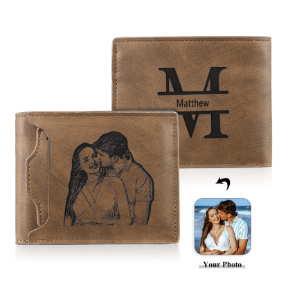 Personalized Name Leather Men's Wallet With Card Slot Engraved Letter And Photo Gift For Him
