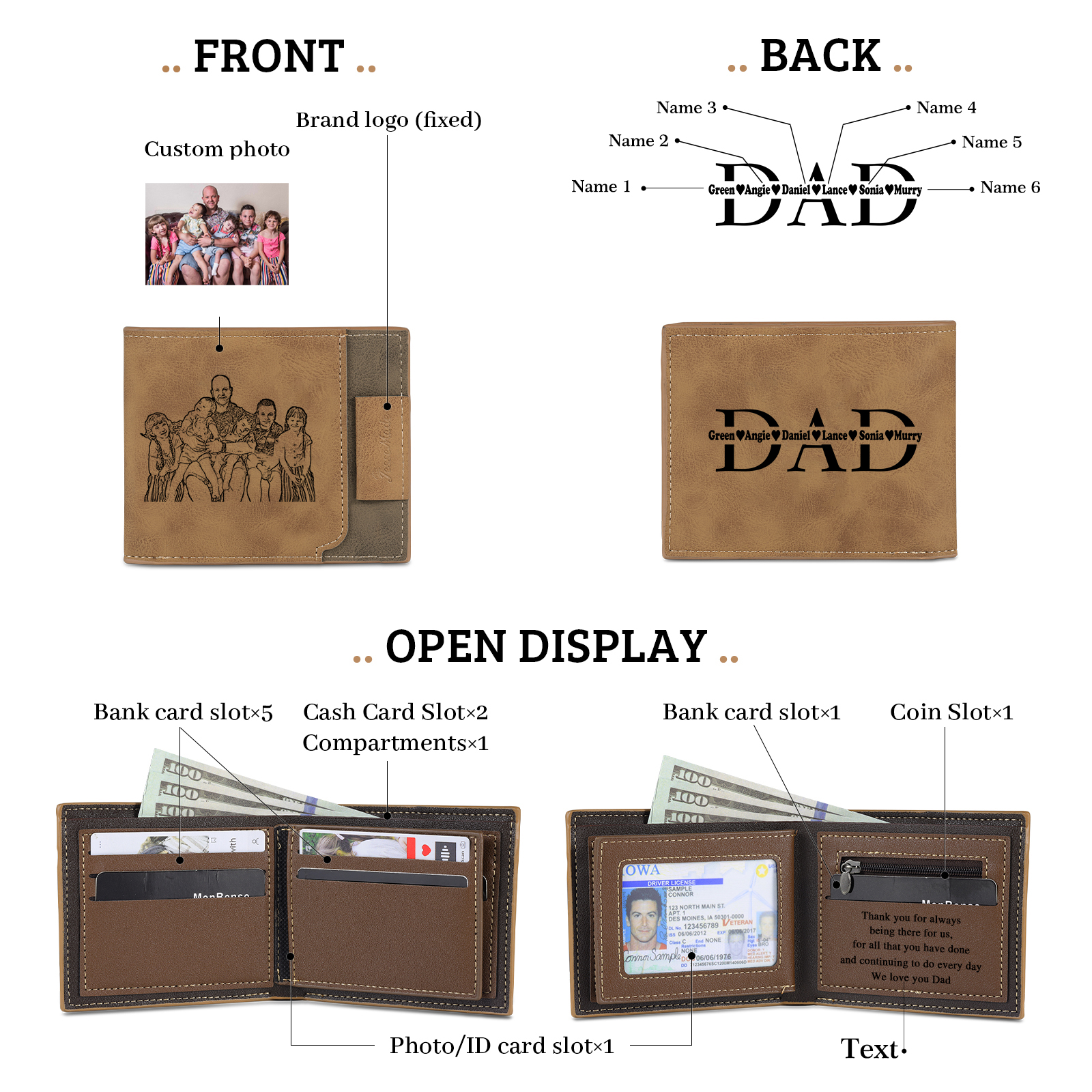 6 Names - Personalized Photo Custom Leather Men's Wallet as a Father's Day Gift for Dad