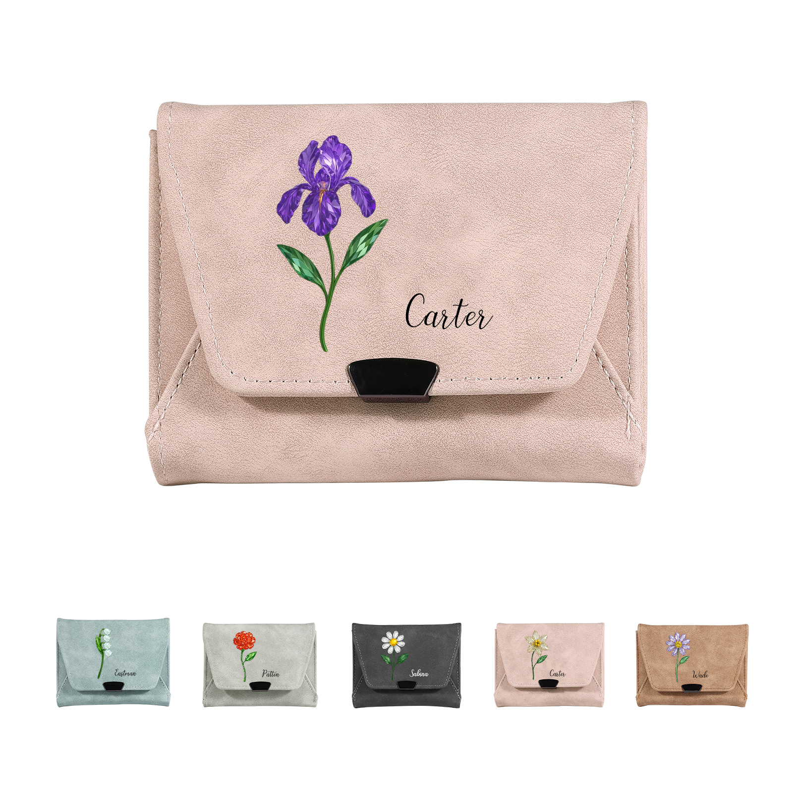 Personalized Women Leather Wallet Custom With Birth Flower And Name