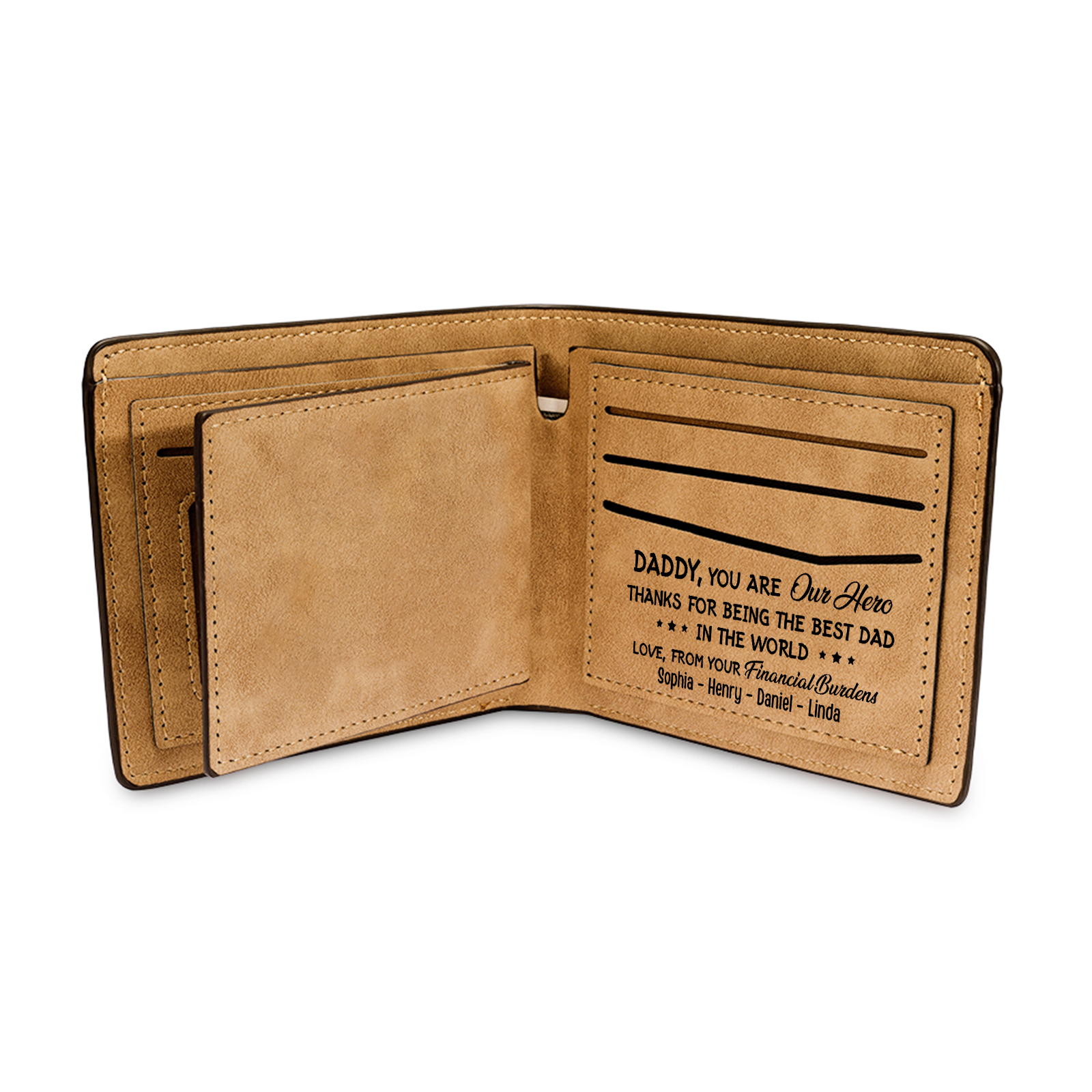 5 Names - Personalized Fist Bump Pattern Custom Text Leather Men's Wallet as a Father's Day Gift for Dad