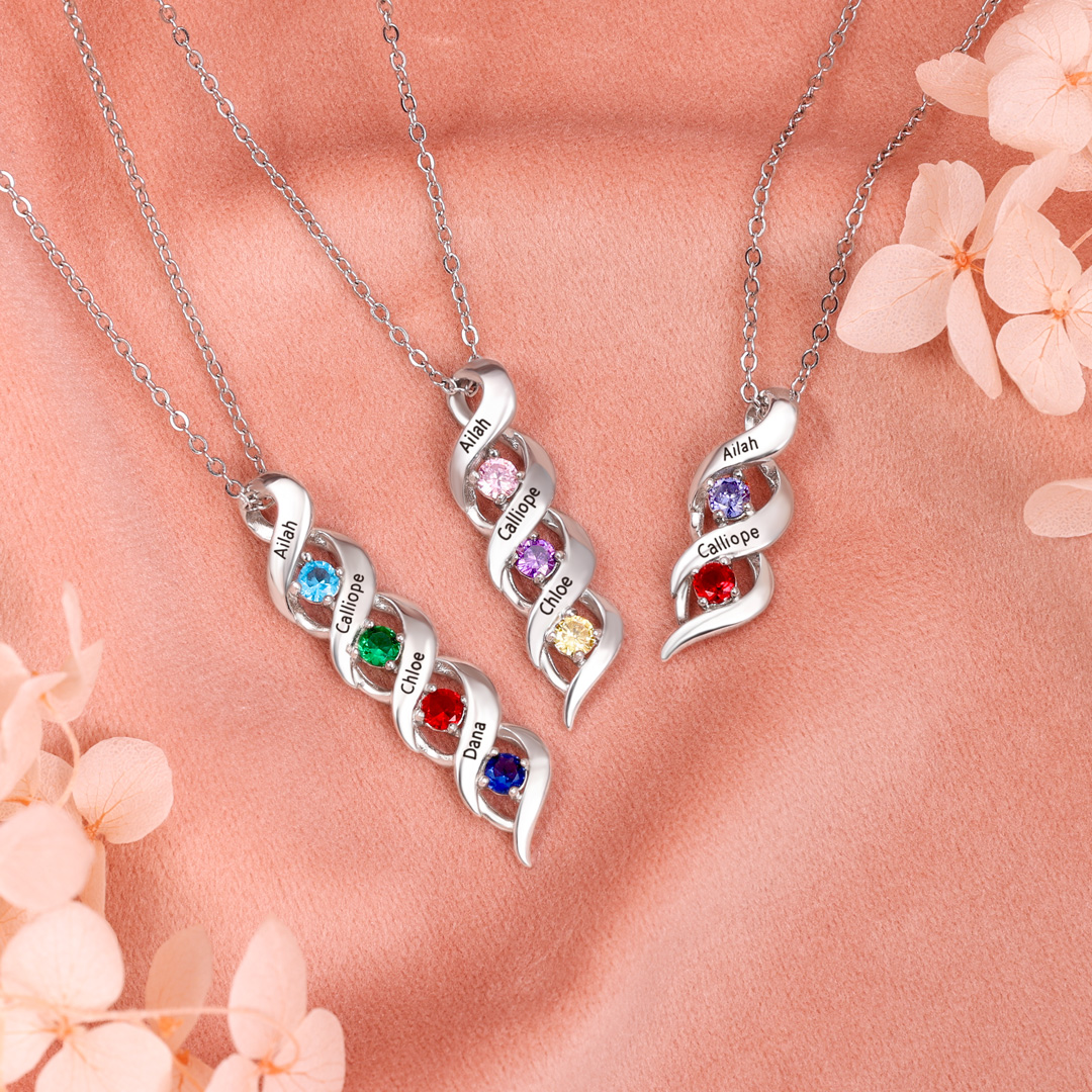 1-10 Names-Personalized Birthstones Necklace Set With Rose Gift Box-Custom Cascading Pendant Necklace Engraving 3 Names Gifts for Her