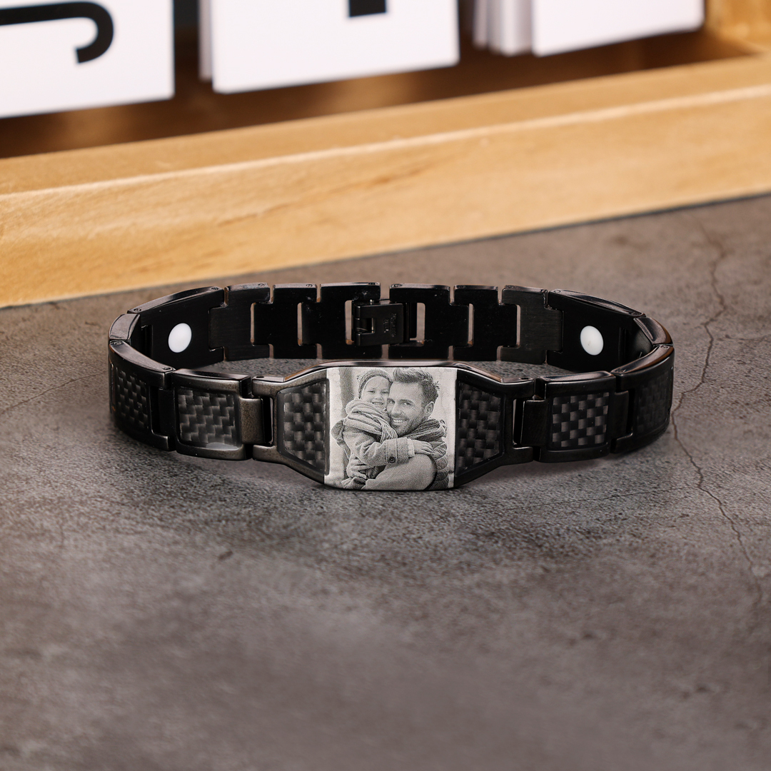 Personalized To My Man Carbon Fiber Energy Bracelet Gift Set, Custom Photo ID Bar Men's Bracelet Bangle Gifts For Him