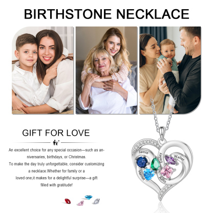Personalized Double Heart Birthstone Necklace Customized with 1-5 Names