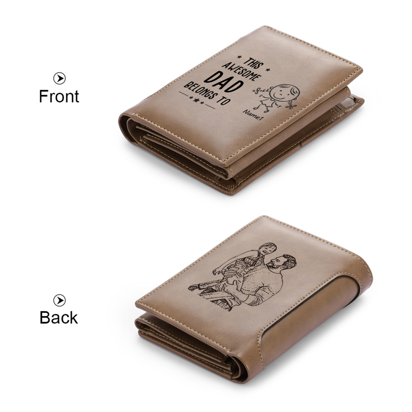 1 Name-Personalized Doll Customized Leather Men's Wallet Customized Name Folding Brown Wallet for Dad