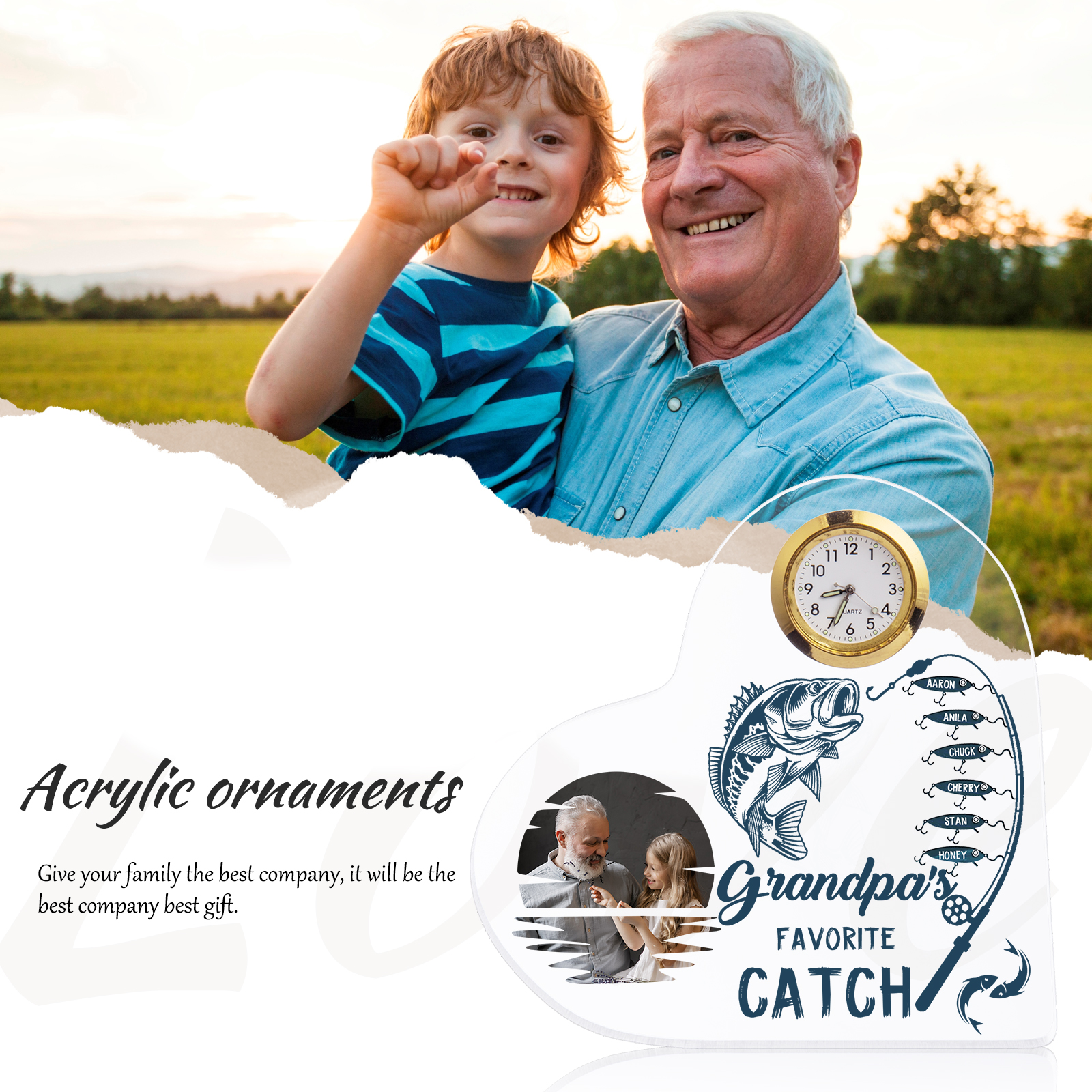 6 Names-Personalized Grandpa Name Acrylic Clock Ornament-Custom Acrylic Fishing Heart Keepsake Desktop for Family