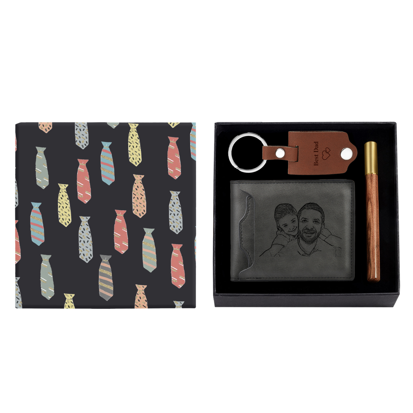 Personalized Leather Wallet Gift Box Set with Keychain Customizable Photo,Text ,Name and Letter Wallet Gift for Him