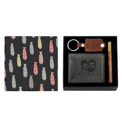 Personalized Leather Wallet Gift Box Set with Keychain Customizable Photo,Text ,Name and Letter Wallet Gift for Him