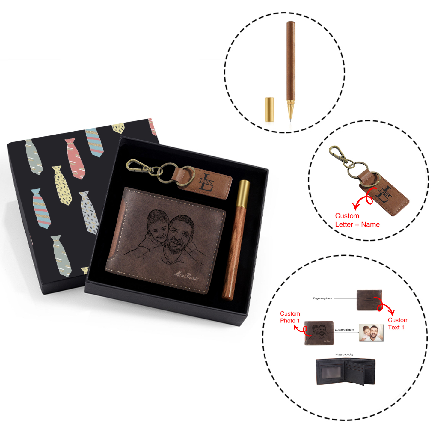 Personalized Leather Wallet Gift Box Set with Letter Name Keychain Customizable Photo and Text Wallet Gift for Him