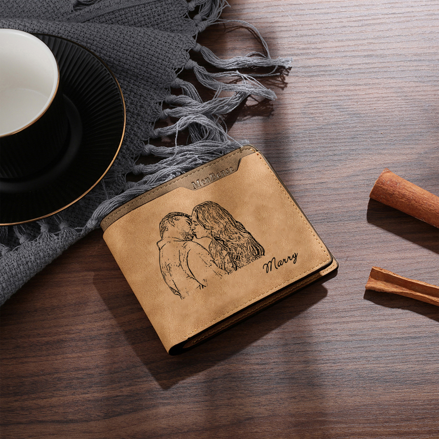 Personalized Photo Leather Men's Wallet Customized Name Letter Folding Brown Wallet For Couple