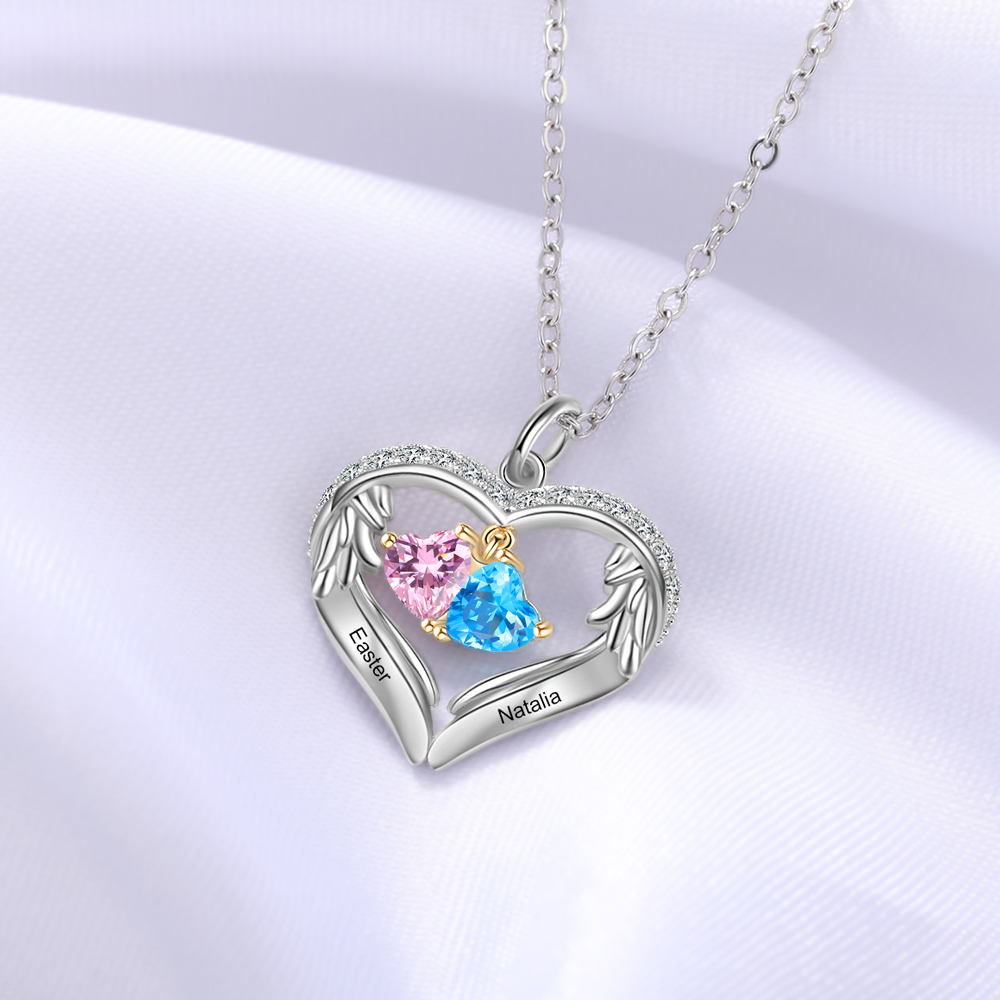 Personalized Wings S925 Silver Necklace With 2 Heart Birthstones Engraved Names Gift For Women