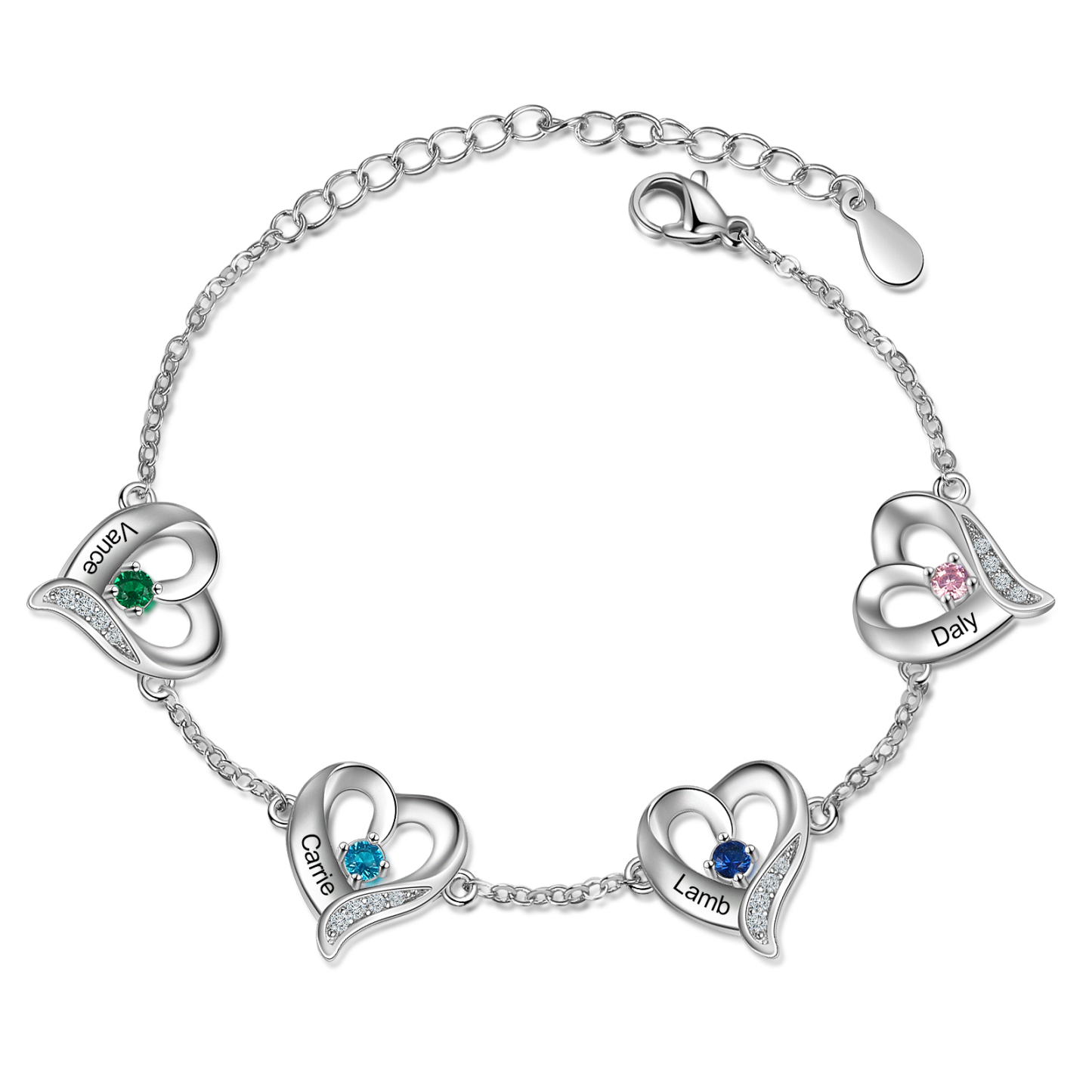 4 Names-Personalized Heart Bracelet With 4 Birthstones Engraved Names Bangle For Her