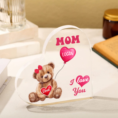 1 Name-Personalized Bear Acrylic Heart Keepsake Custom Text Acrylic Plaque Ornaments Gifts for Mum