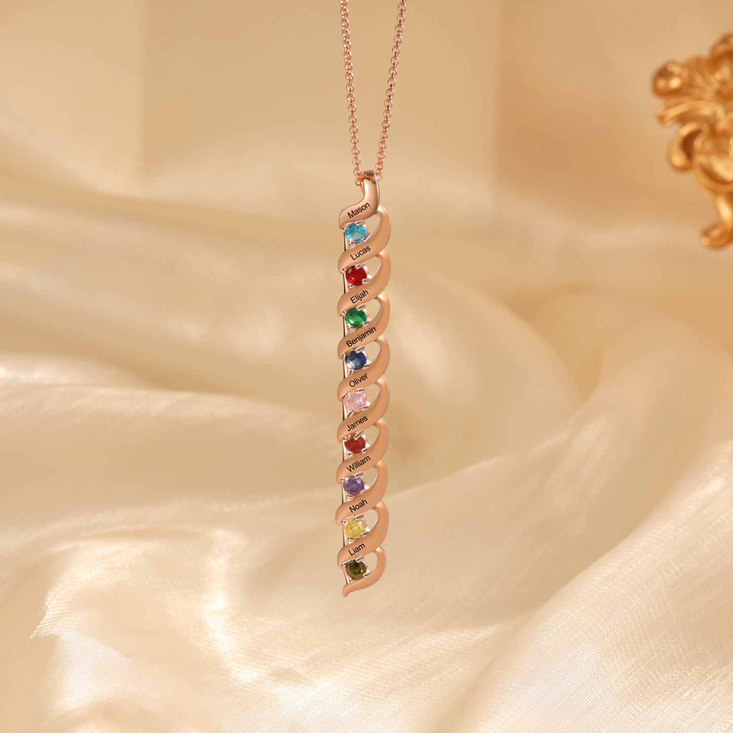 9 Names-Personalized Birthstones Necklace Set With Rose Gift Box-Custom Cascading Pendant Necklace Engraving 9 Names Gifts for Her