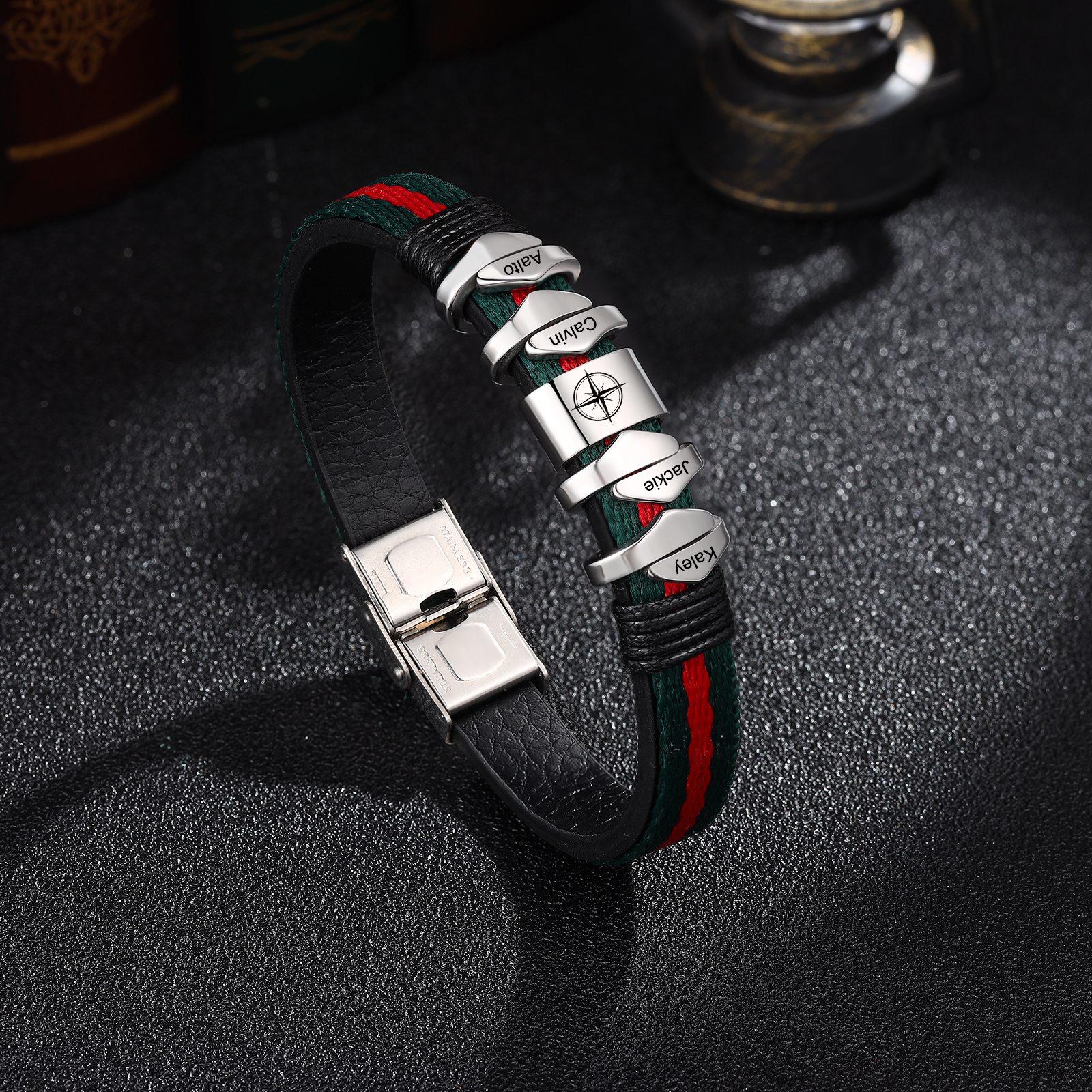Personalized Leather Bracelet Custom 4 Names Mens Bracelet