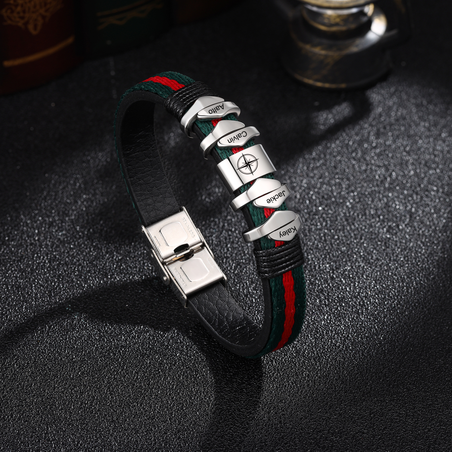 Personalized Leather Bracelet Custom 4 Names Mens Bracelet