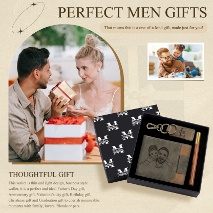 Personalized Leather Wallet Gift Box Set with Letter Name Keychain Customizable Photo Wallet Gift for Him
