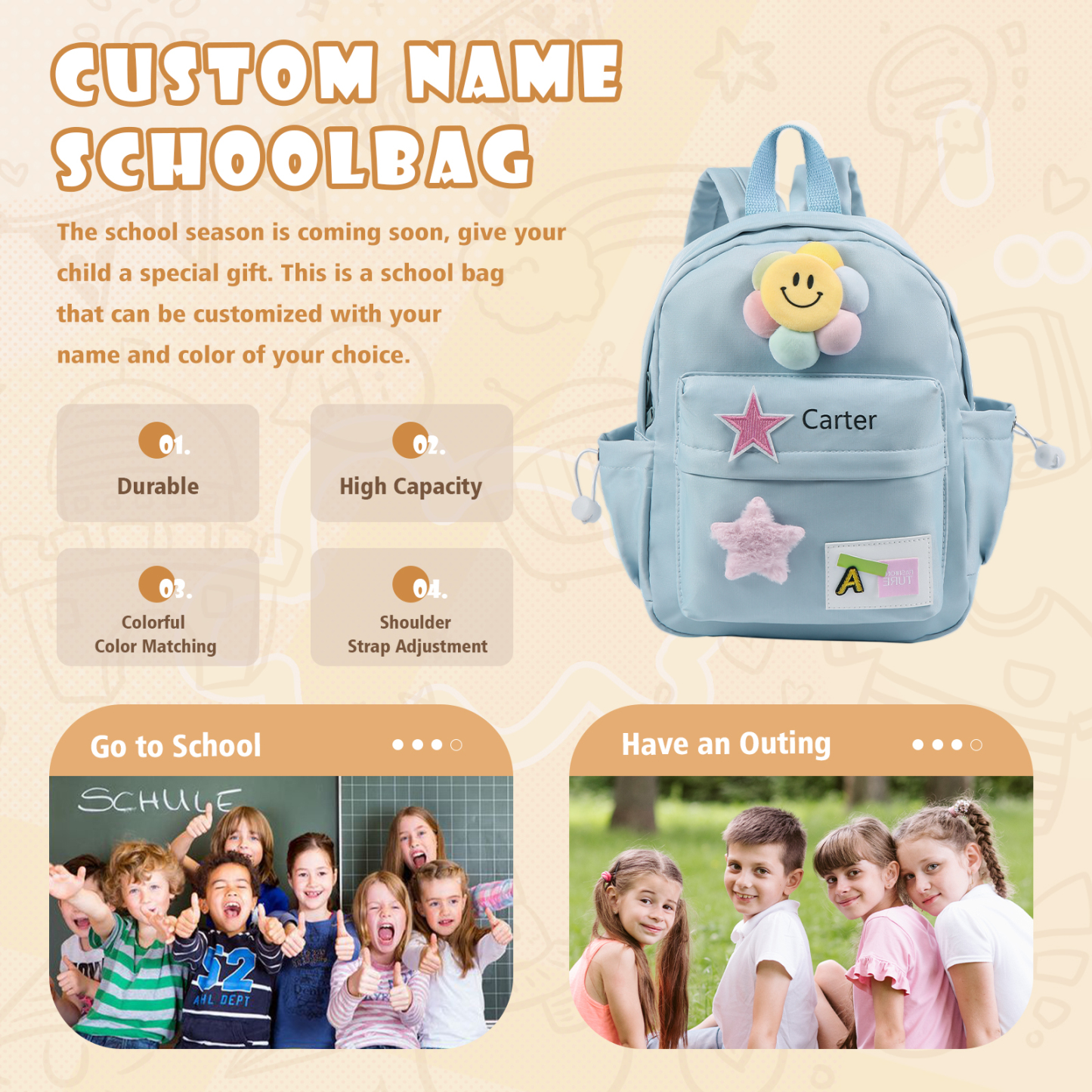Personalized Nylon Polyester Children's Custom Name Backpack Back to School Gift