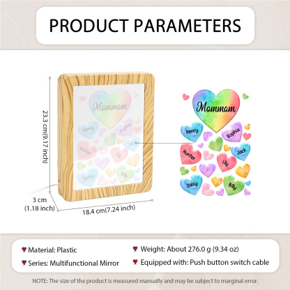 7 Names - Personalized Mom Home Wood Color Plug-in Mirror Photo Frame Custom Text LED Night Light Gift for Mom