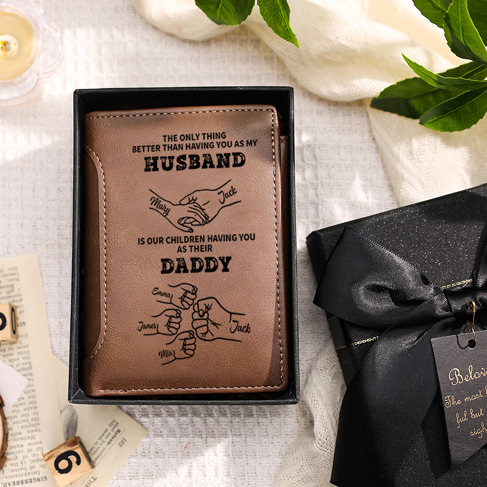 Personalized Brown Leather Dad Wallet – Fist Bump