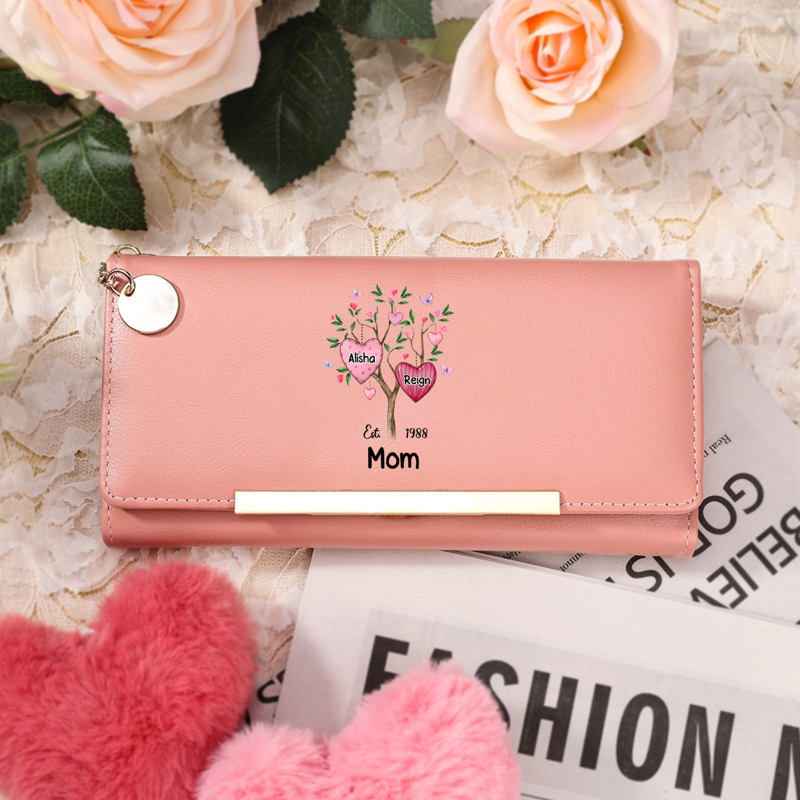 Personalized Women Leather wallet Heart Family Tree Custom with 2–8 Names