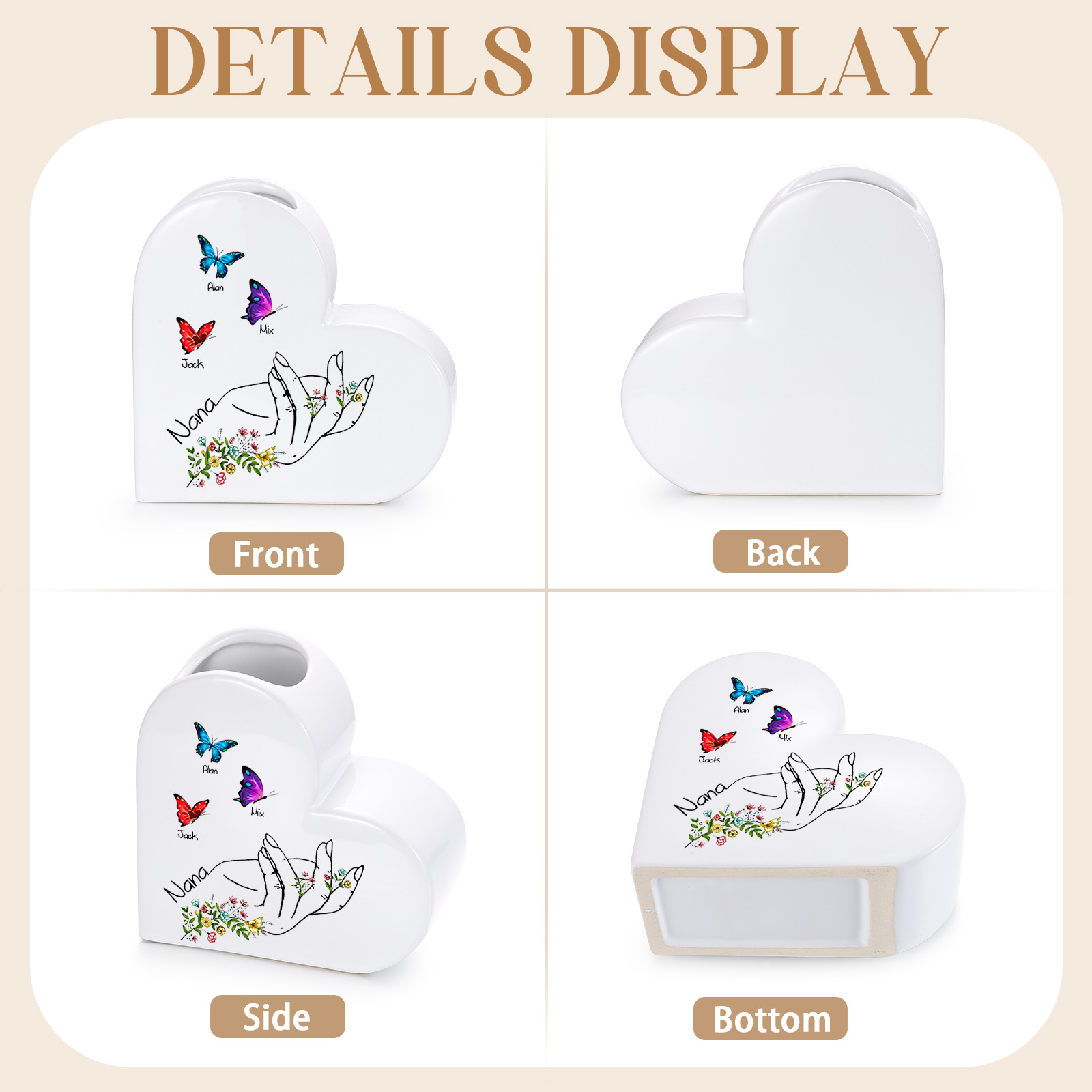 Personalized Ceramic Heart Vase Custom with 2–8 Names and Butterfly