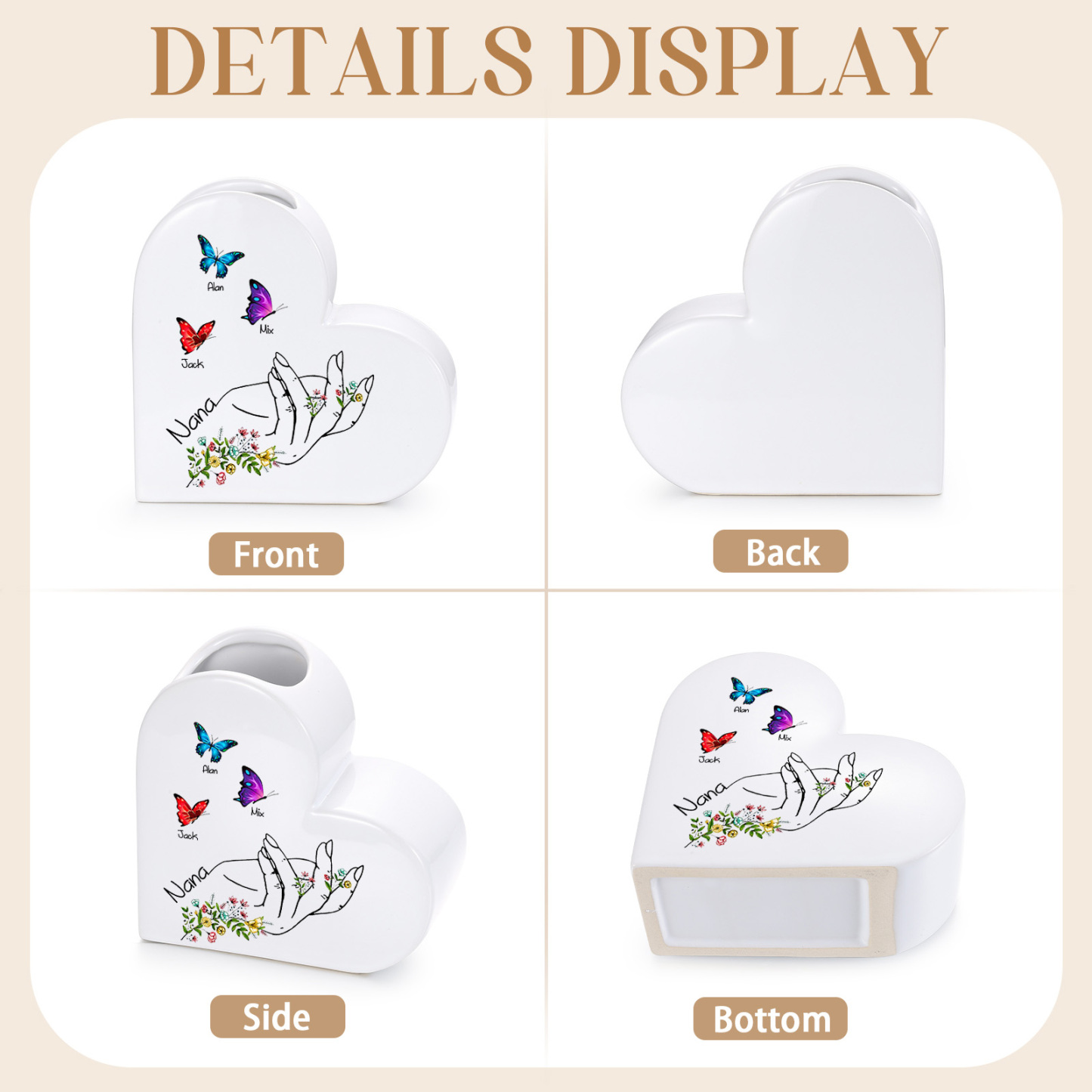Personalized Ceramic Heart Vase Custom with 2–8 Names and Butterfly