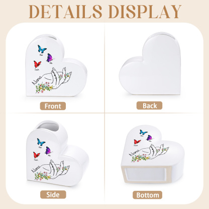 Personalized Ceramic Heart Vase Custom with 2–8 Names and Butterfly