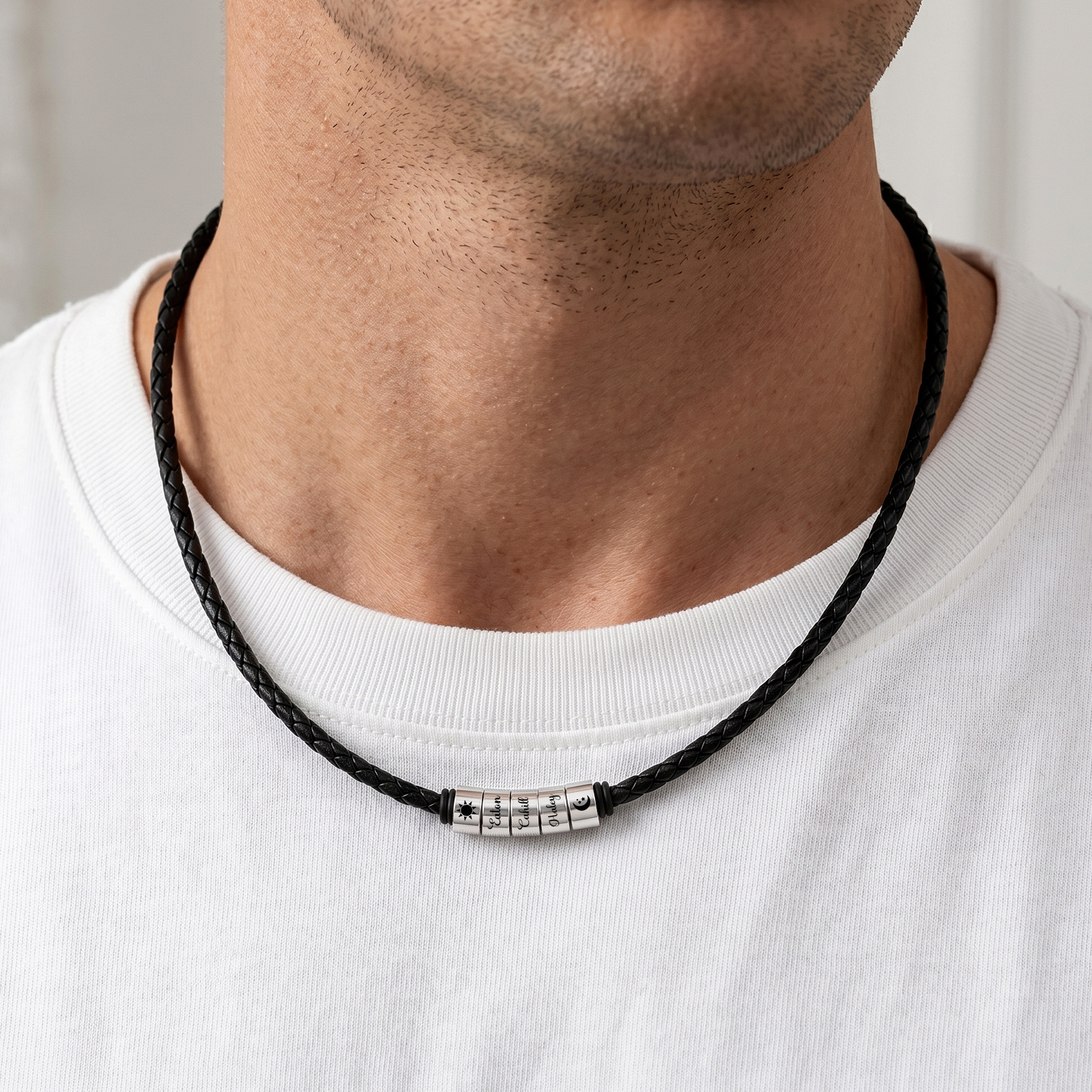 Personalized Braided Leather Necklace for Men Customized with 1–6 Names Beads