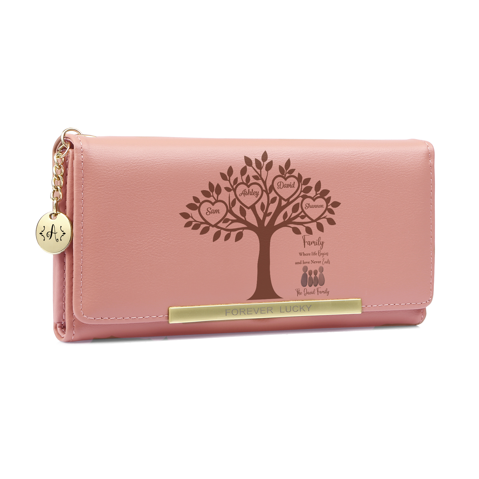 Personalized 2–6 Name Pebble Family Tree Pink Leather Wallet for Mom