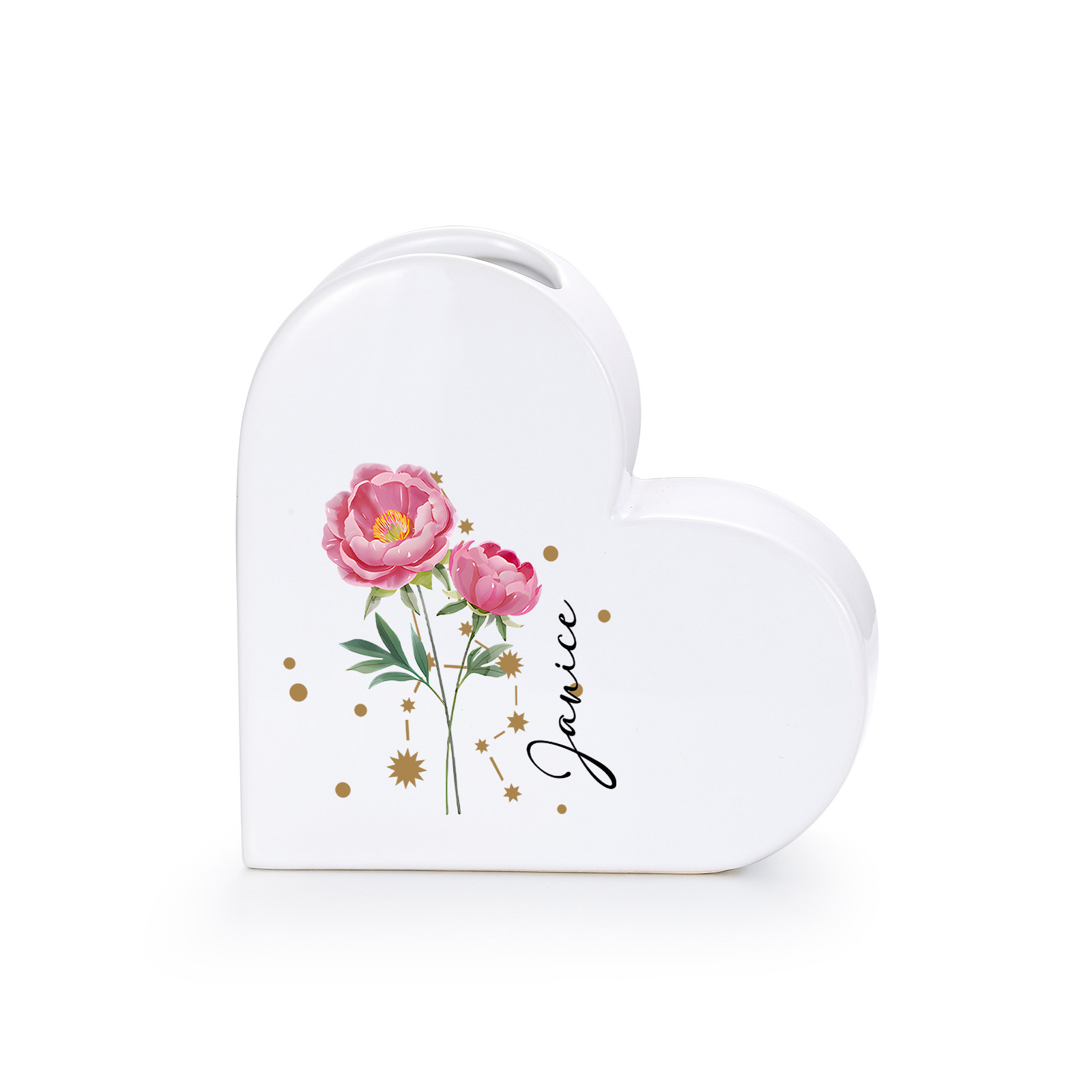 Personalized Heart-shaped Ceramic Vase Custom with Birth Flowers and Zodiac Sign