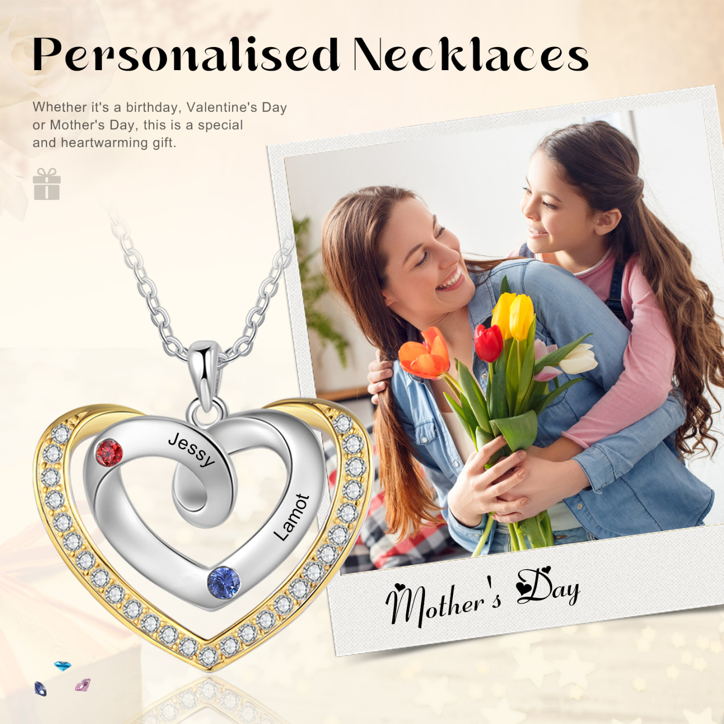 2 Names - Personalized Heart Necklace with Customized Names and Birthstone, A Perfect and Exquisite Gift for Her