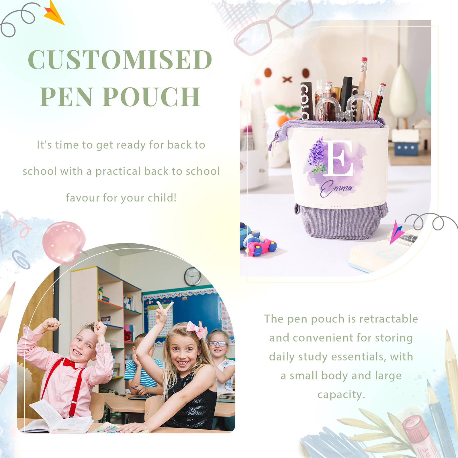 Personalized Pencil Case Custom Name & Letter & Birthday Flower Pen Pouch Back To School Gift for Kids