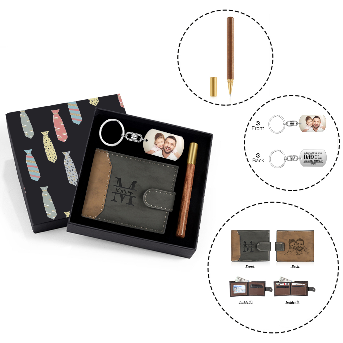Personalized Leather Wallet Gift Box Set with Keychain Customizable Photo Letter and Name Wallet Gift for Dad