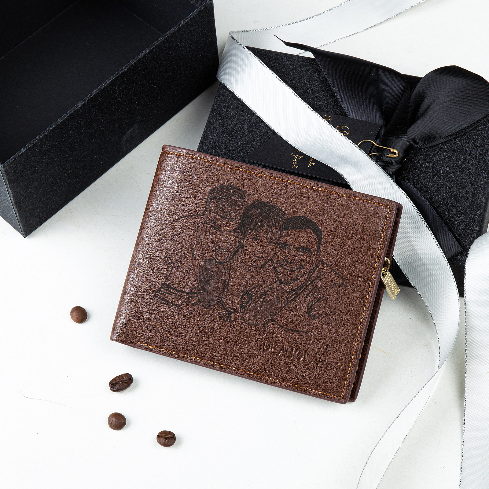 Personalized Photo Leather Men's Wallet Customized Name Letters Folding Brown Wallet Gift for Grandpa