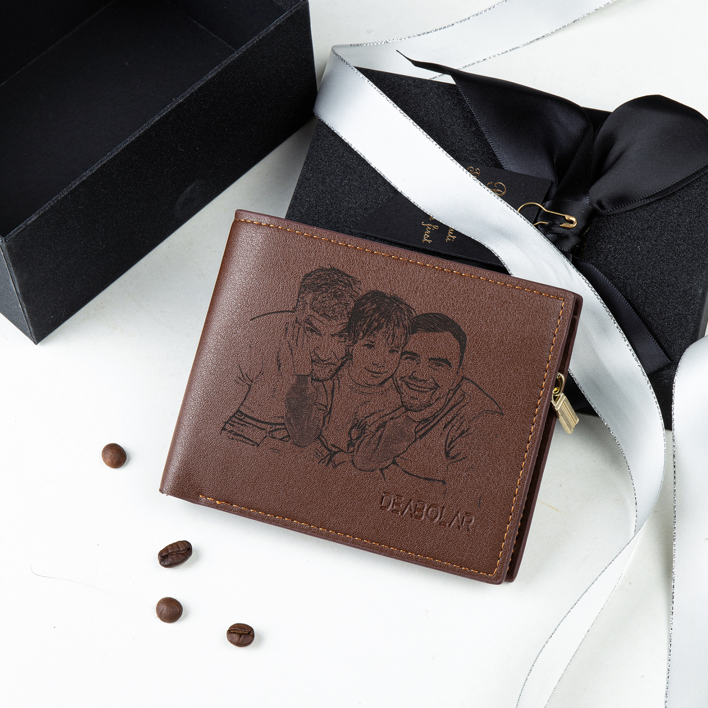 Personalized Photo Leather Men's Wallet Customized Name Letters Folding Brown Wallet Gift for Grandpa