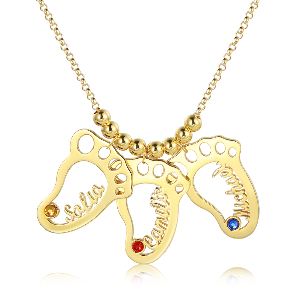 Personalized Baby Foot Engraved Names 3 Birthstones Necklace For Women Gift For Mother