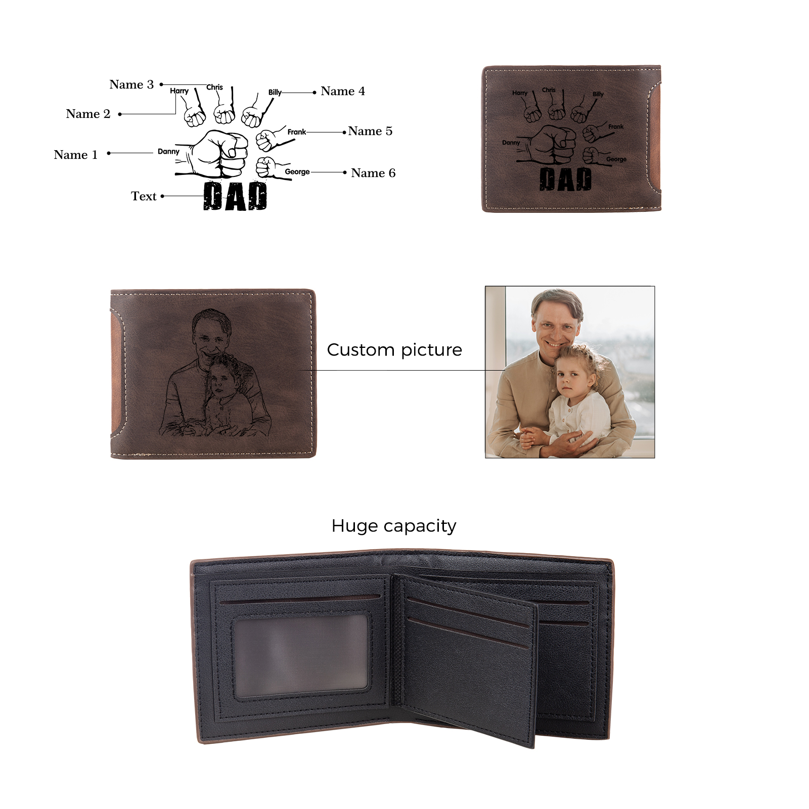 6 Names - Personalized Photo Custom Leather Men's Folding Wallet as a Father's Day Gift for Dad