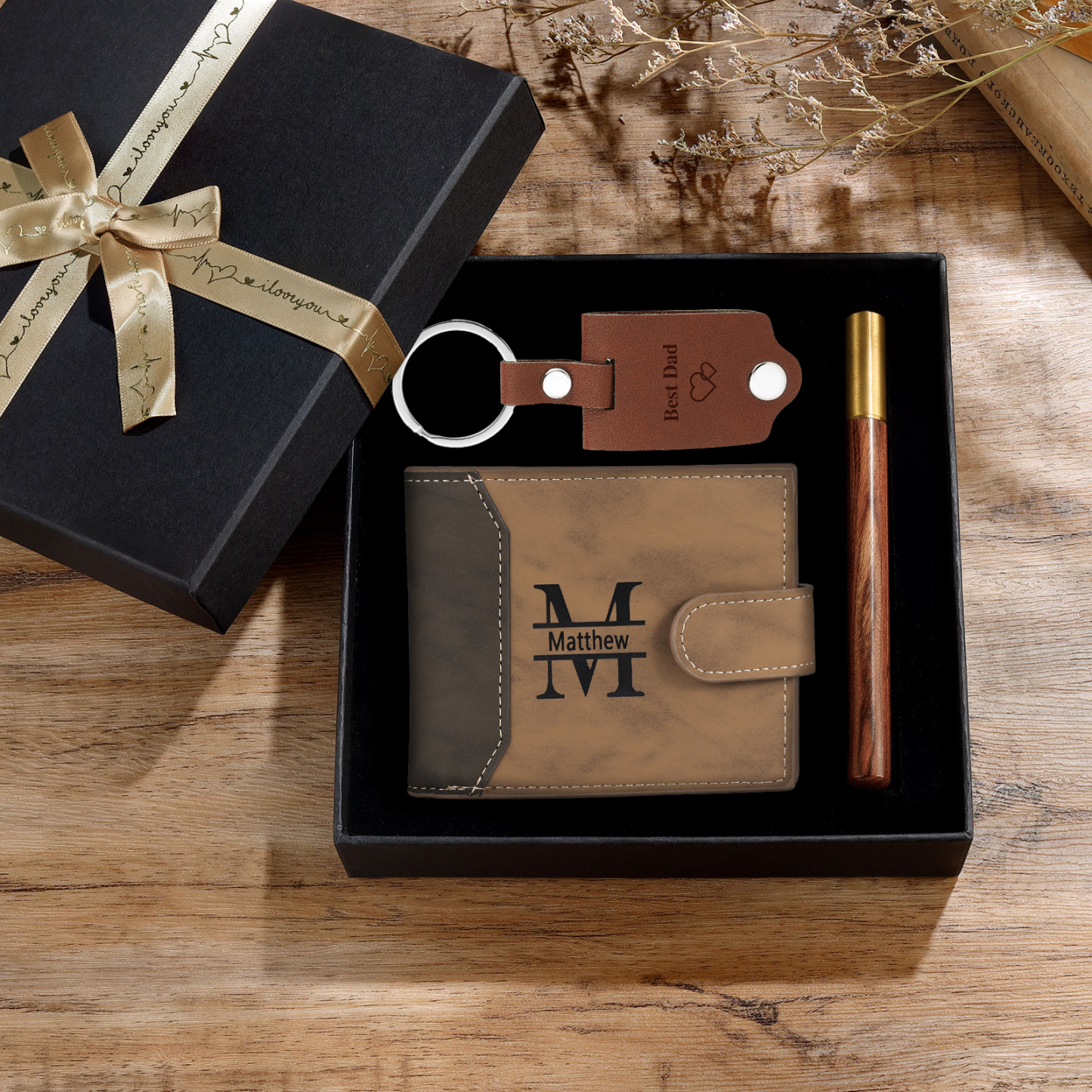 Personalized Leather Wallet Gift Box Set Keychain With Customizable Photo Wallet Customizable Name Letter Gift For Him