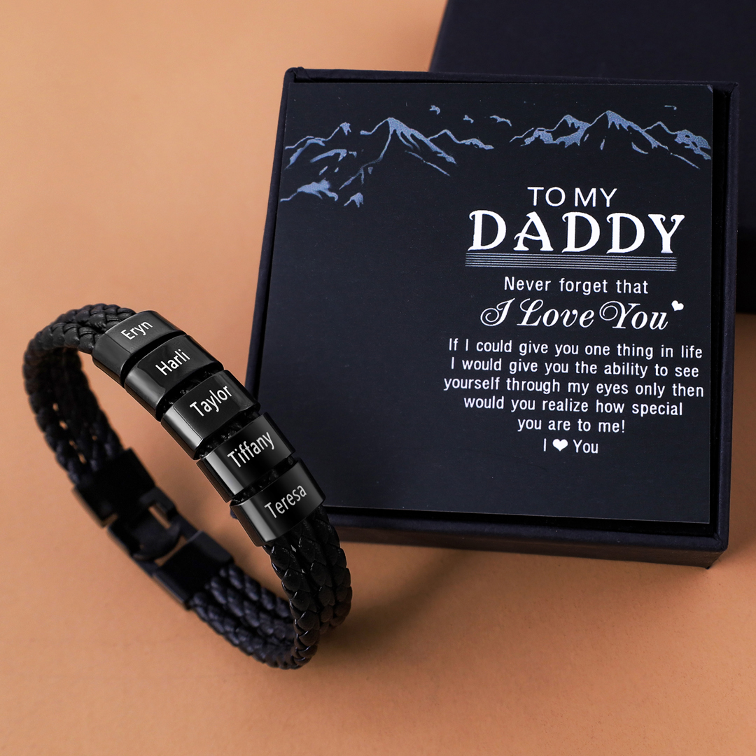 Personalized Braided Leather Bracelet Engraved 5 Names Men's Bracelet Gifts For Him