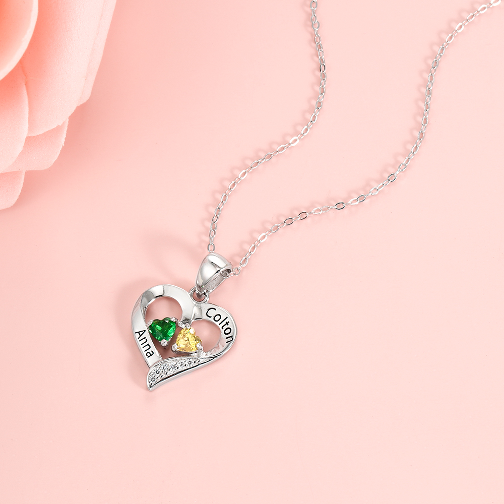 Personalized Heart Necklace With Names Custom 2 Birthstones Gifts For Women