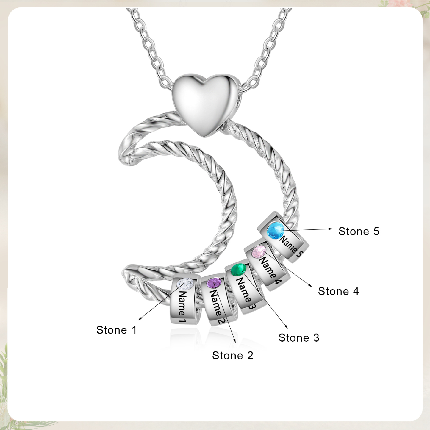 5 Names - Personalized Moon Pendant Necklace Custom Birthstones & Names Necklace Gift for Her | Jessemade