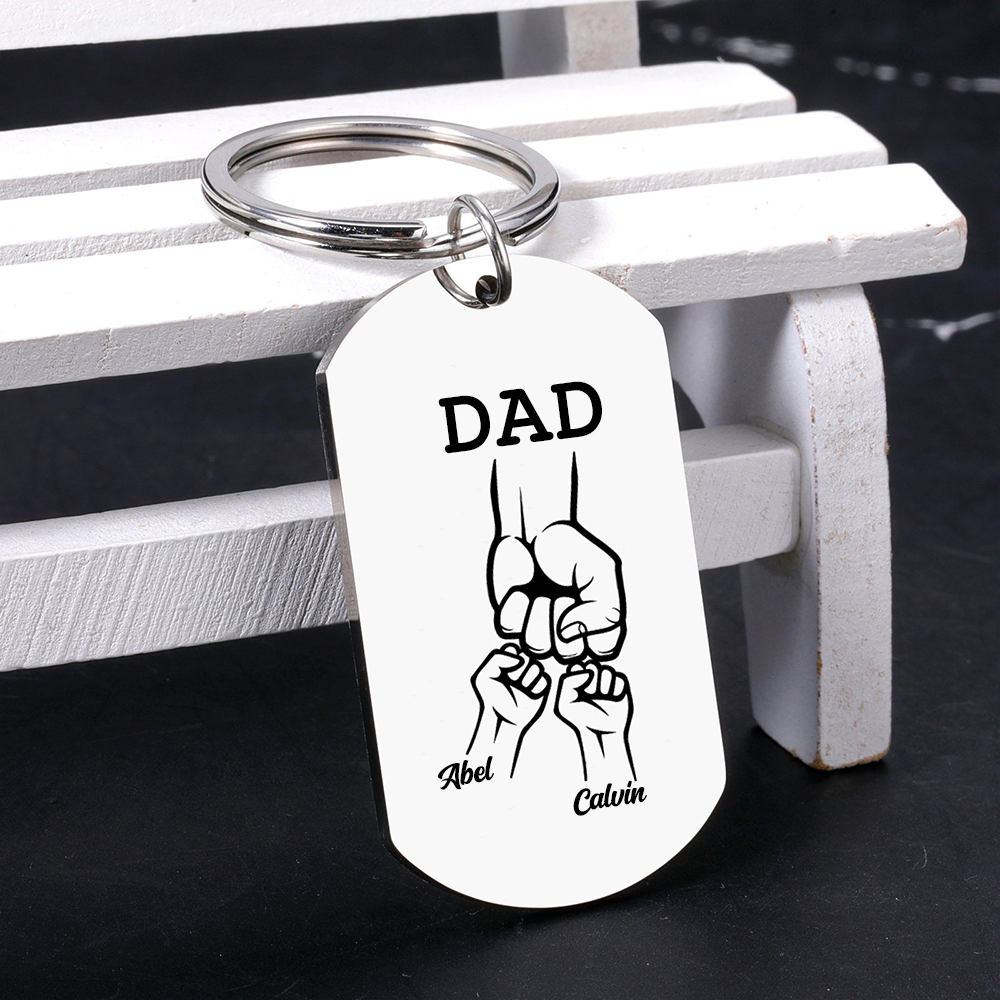 2 Names - Personalized Fist Pendant Keychain Gift Set - Customized Photo Special Gift for Dad