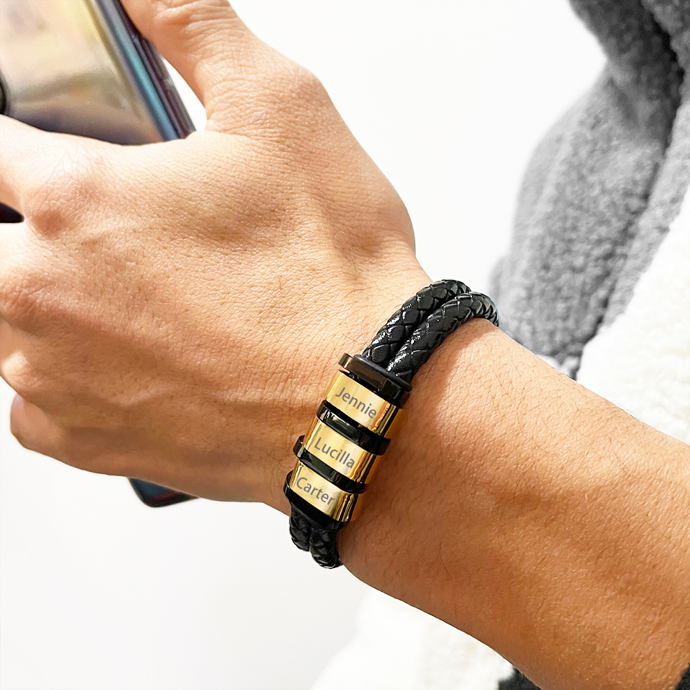 Personalized Braided Leather Bracelet Engraved 3 Names Men's Bracelet Gifts For Him