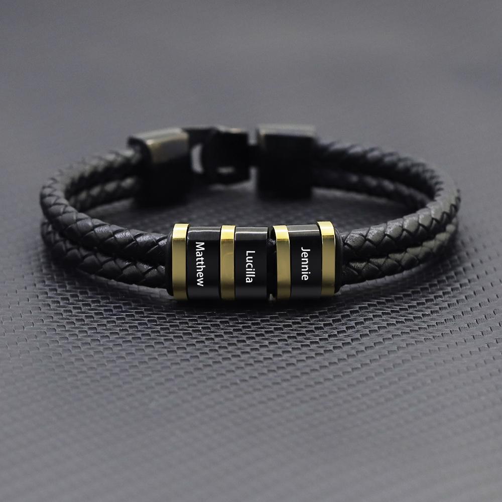 Personalized Braided Leather Bracelet Engraved 3 Names Men's Bracelet Gifts For Him